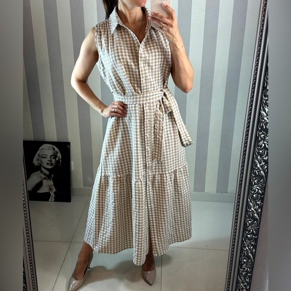 NWT Tommy Hilfiger neutral gingham dress with belt A5BN1AW6 - Picture 1 of 4